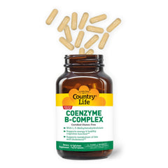 Country Life Coenzyme B-Complex label front emphasizes bioavailable B vitamins for absorption.