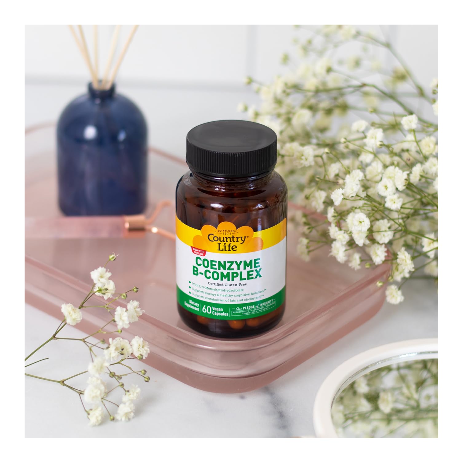 Country Life Coenzyme B-Complex label showing active B vitamins and choline.