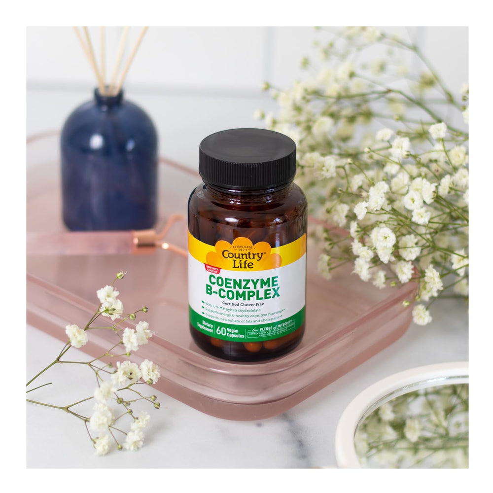 Country Life Coenzyme B-Complex label showing active B vitamins and choline.