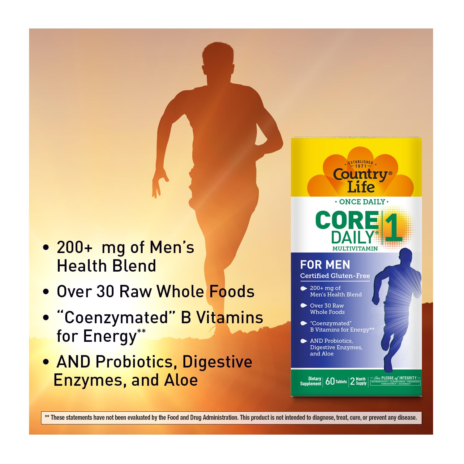 Country Life Core Daily-1 for Men gluten-free vegetarian symbol emphasizes dietary inclusivity.