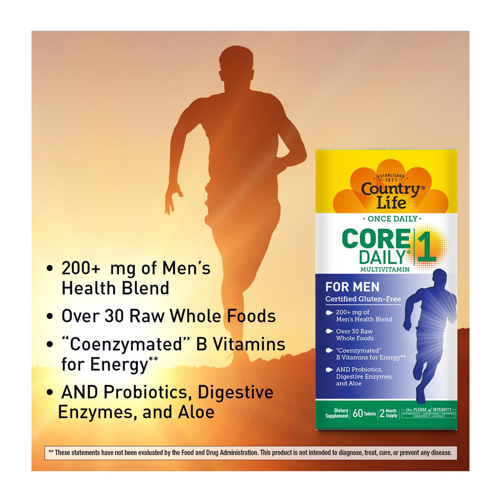 Country Life Core Daily-1 for Men gluten-free vegetarian symbol emphasizes dietary inclusivity.