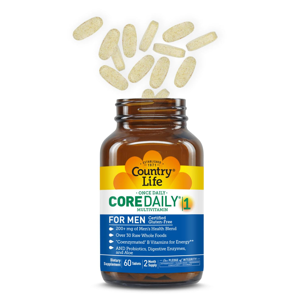Country Life Core Daily-1 for Men ingredients image highlights saw palmetto and pumpkin seed for overall well-being.