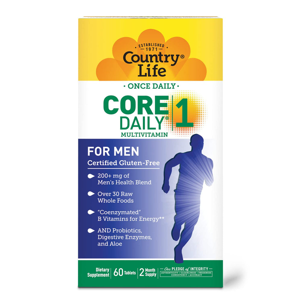 Country Life Core Daily-1 for Men probiotics and enzymes image underlines digestive health support.