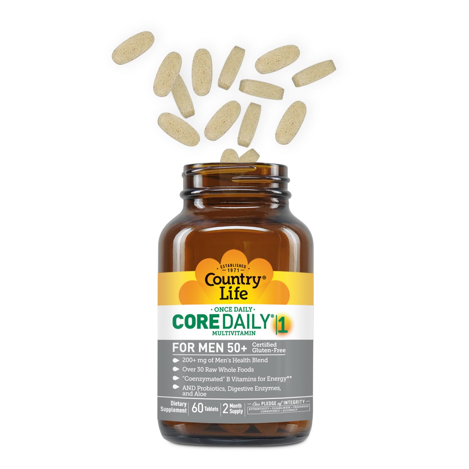 Country Life CORE Daily-1 Men 50+ bottle label closeup highlighting gluten-free status.