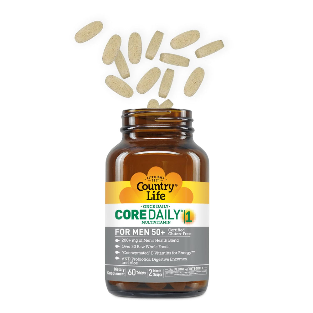 Country Life CORE Daily-1 Men 50+ bottle label closeup highlighting gluten-free status.