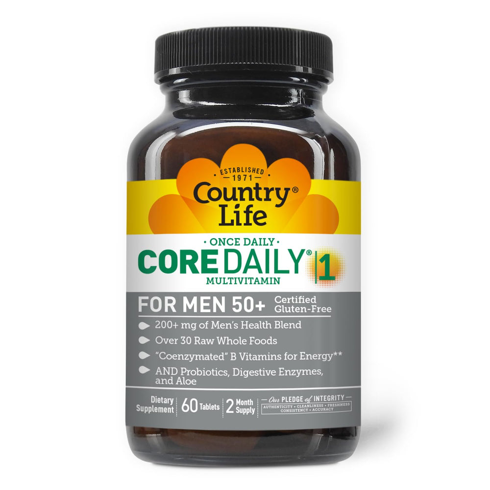 Country Life CORE Daily-1 Men 50+ ingredients table with probiotics and enzymes.