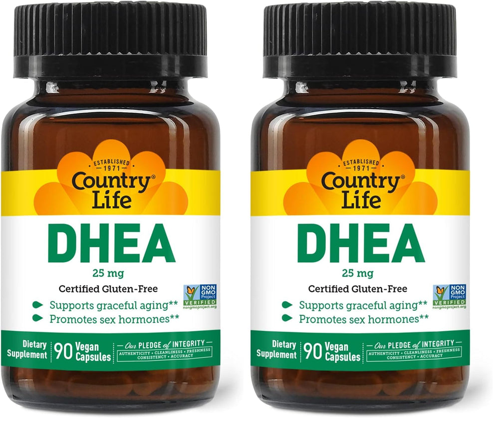 Country Life DHEA 25mg bottle front showing hormone-support potential.