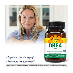 Country Life DHEA 25mg bottle label detailing gluten-free and non-GMO claims.