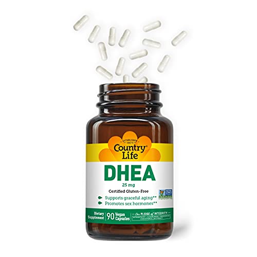 Country Life DHEA 25mg capsules closeup highlighting vegan capsule design.