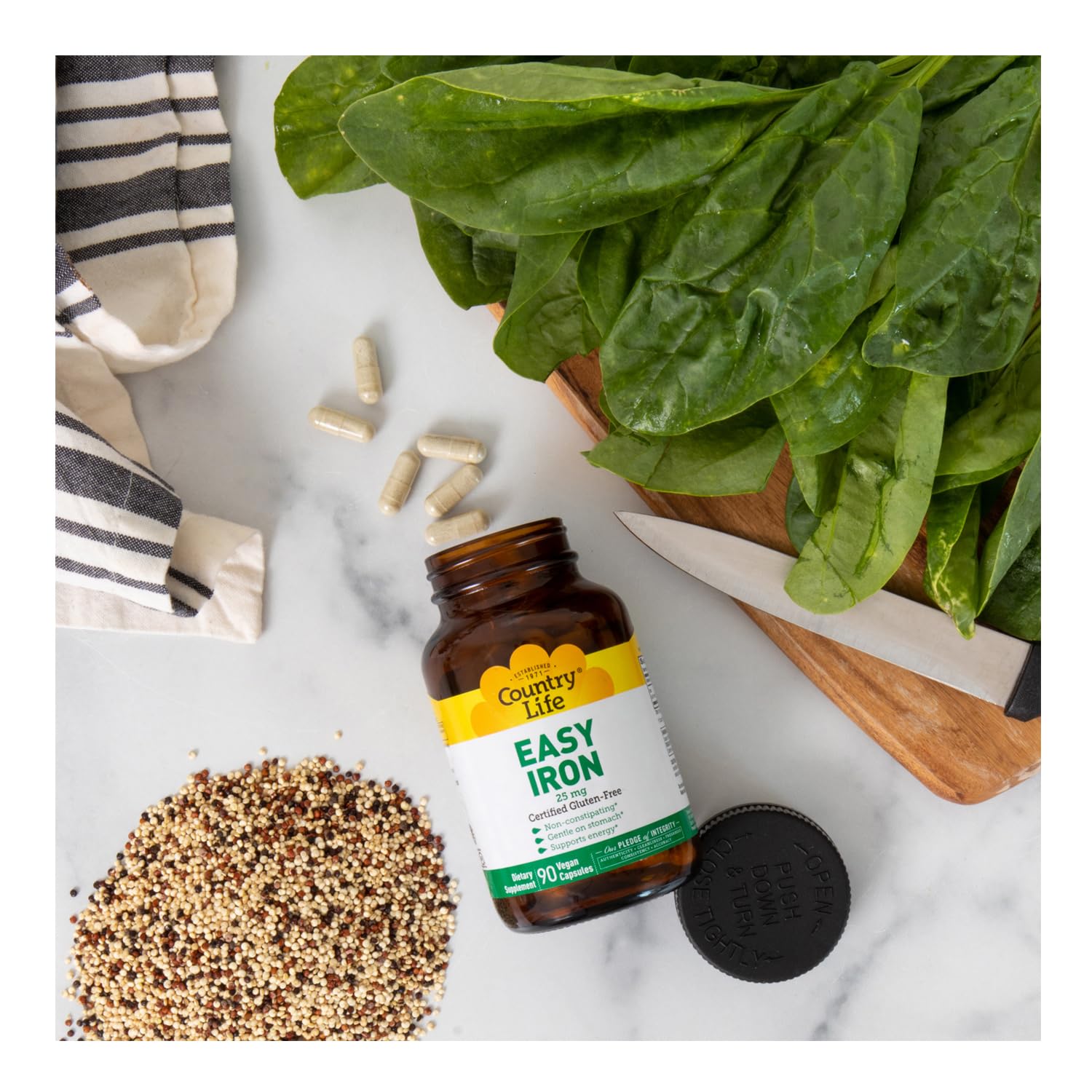 Country Life Easy Iron 25mg packaging showcasing product information and recommended daily intake.
