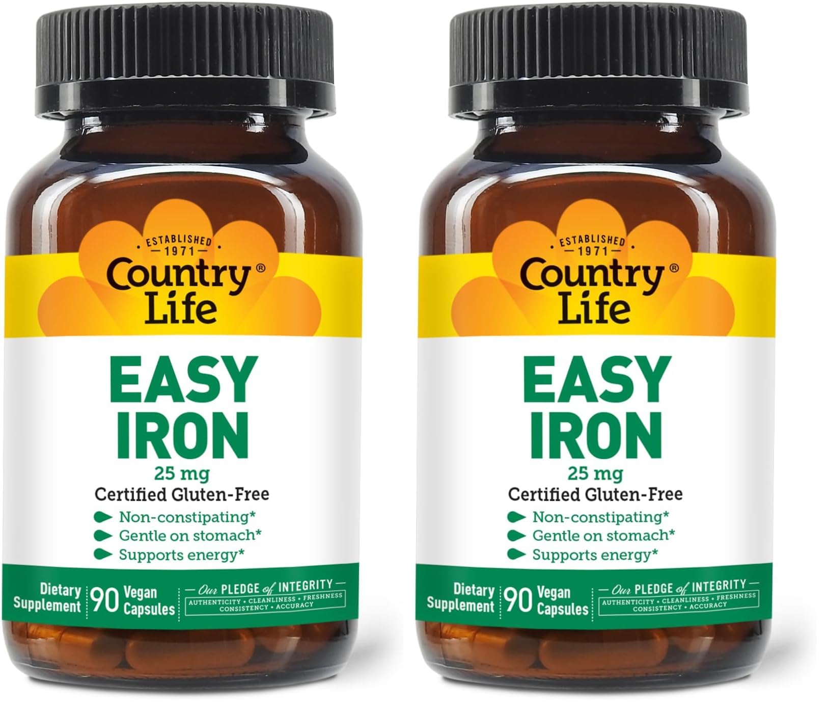 Country Life Easy Iron bottle front view, signaling gentle iron support for daily energy.