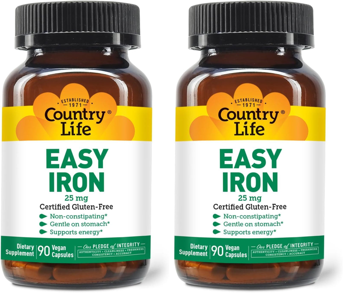 Country Life Easy Iron bottle front view, signaling gentle iron support for daily energy.