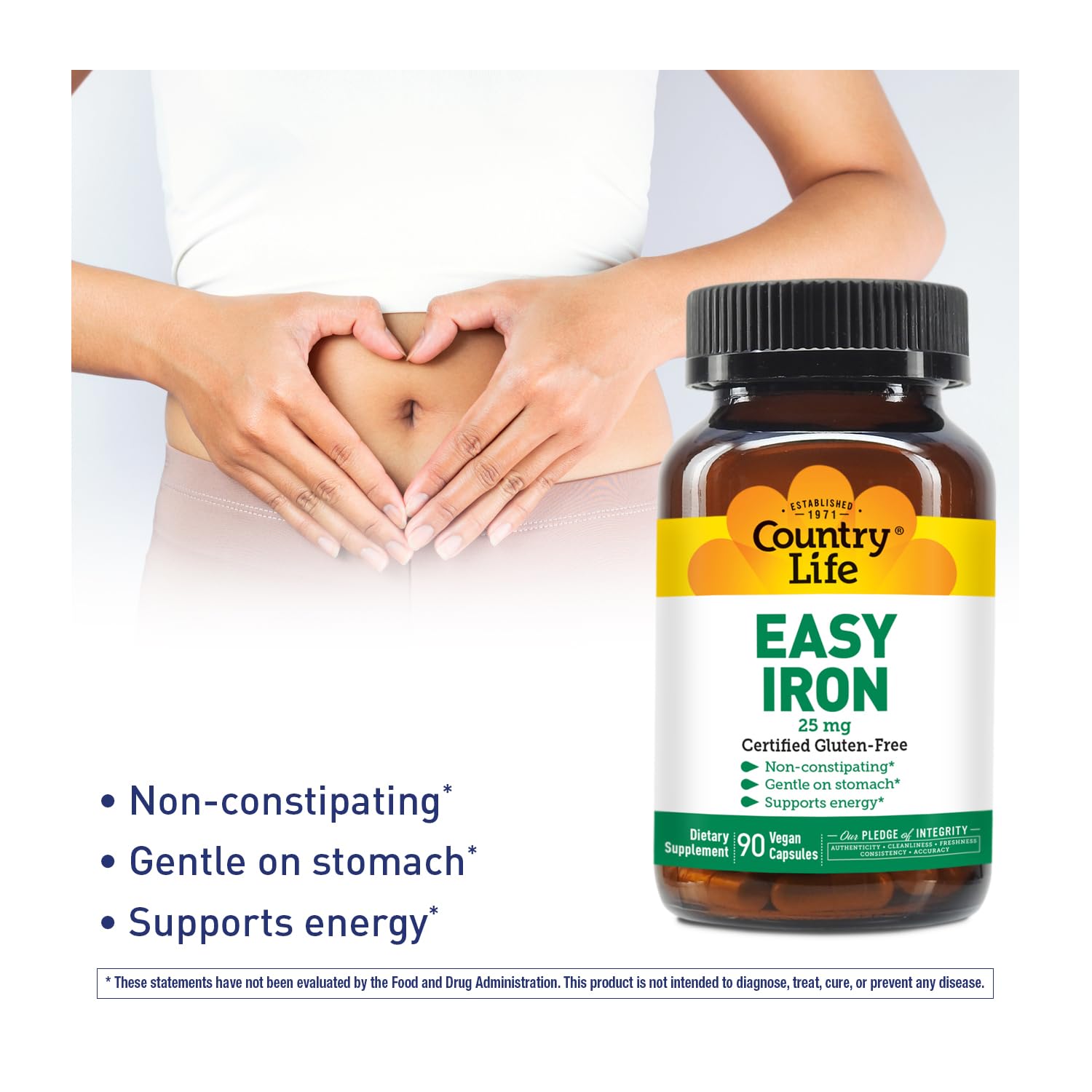 Country Life Easy Iron capsules close-up show Ferrochel form and gentle use.