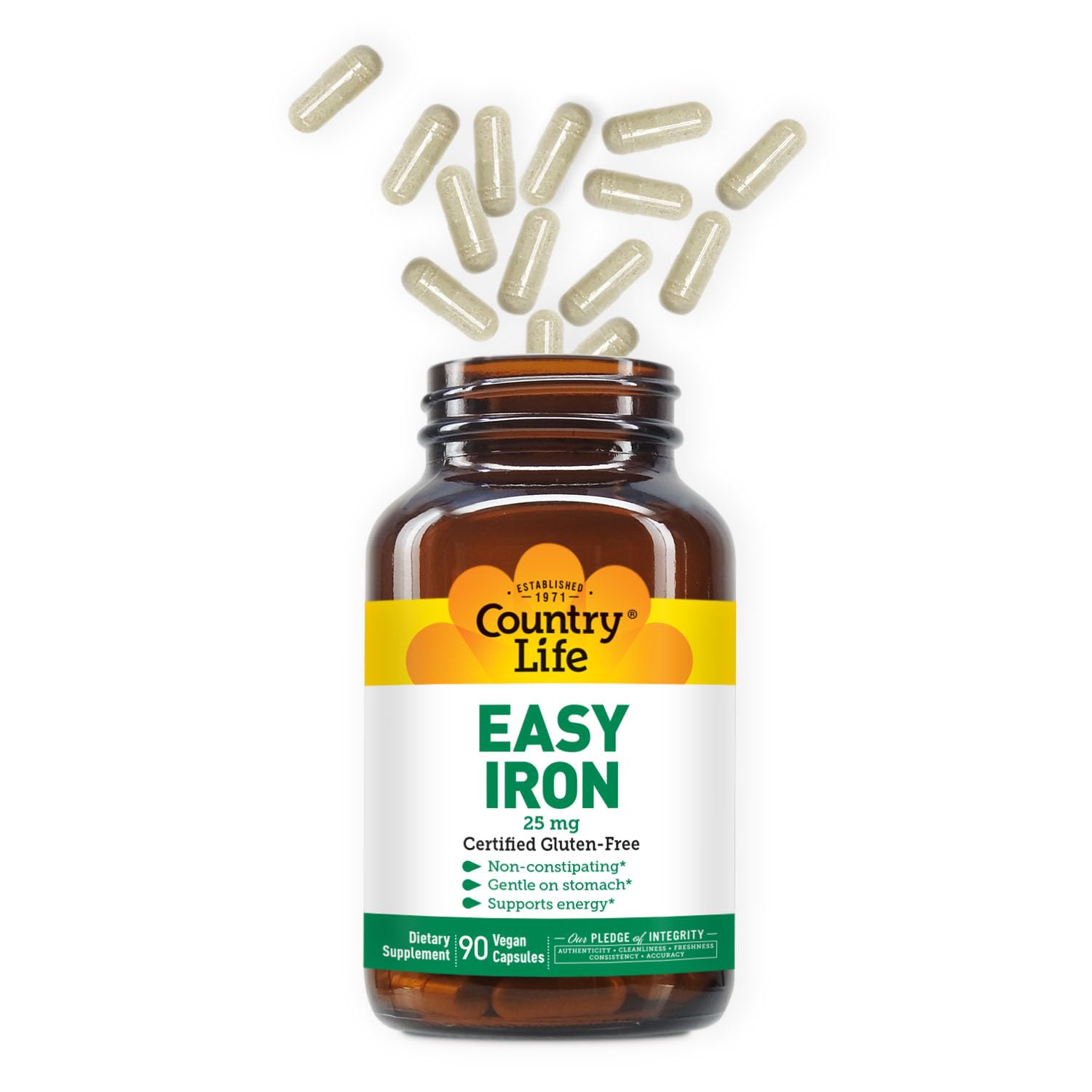 Country Life Easy Iron vegan-symbol on label reinforces plant-based origin.