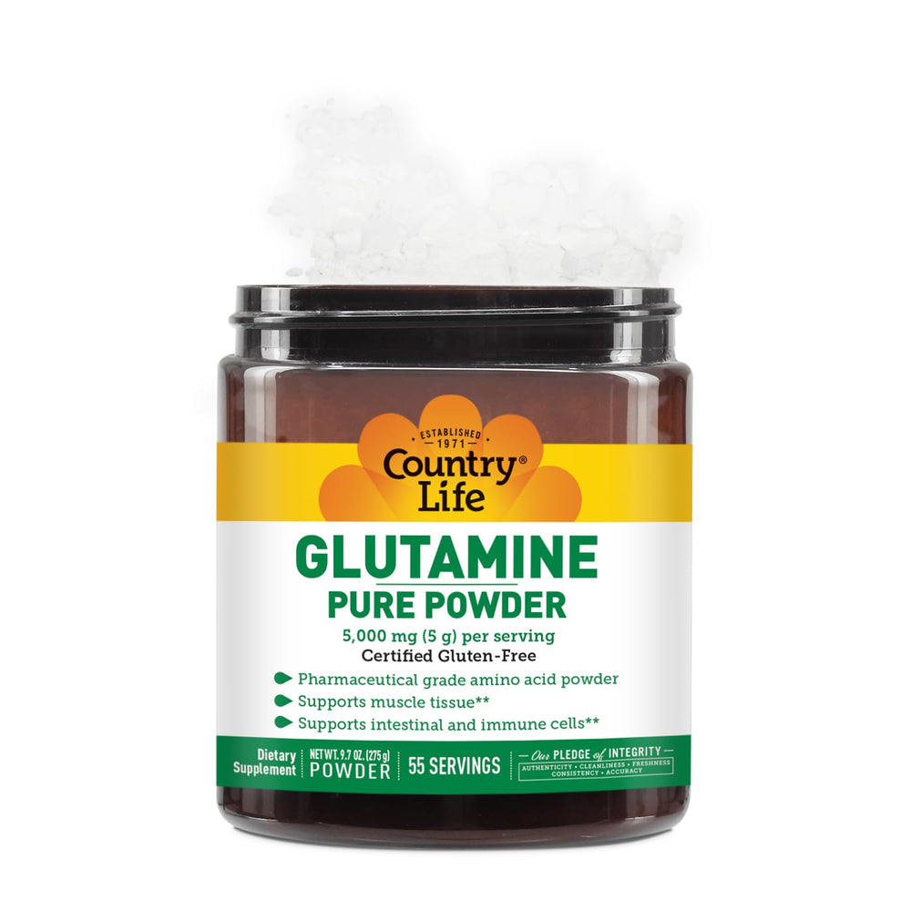 Country Life Glutamine Pure powder dissolving in water showing fast absorption potential.
