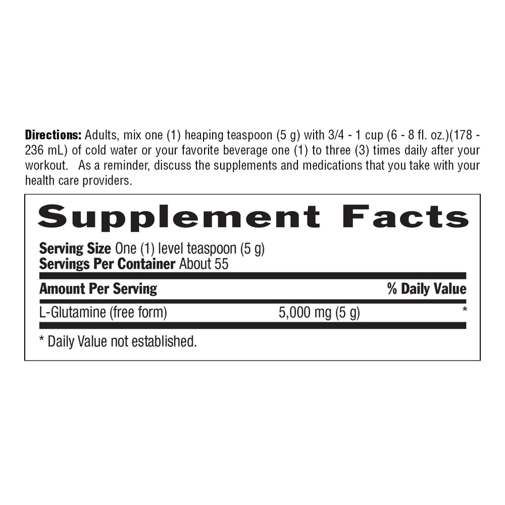 Country Life Glutamine Pure powder on a kitchen counter for gut health support routine.