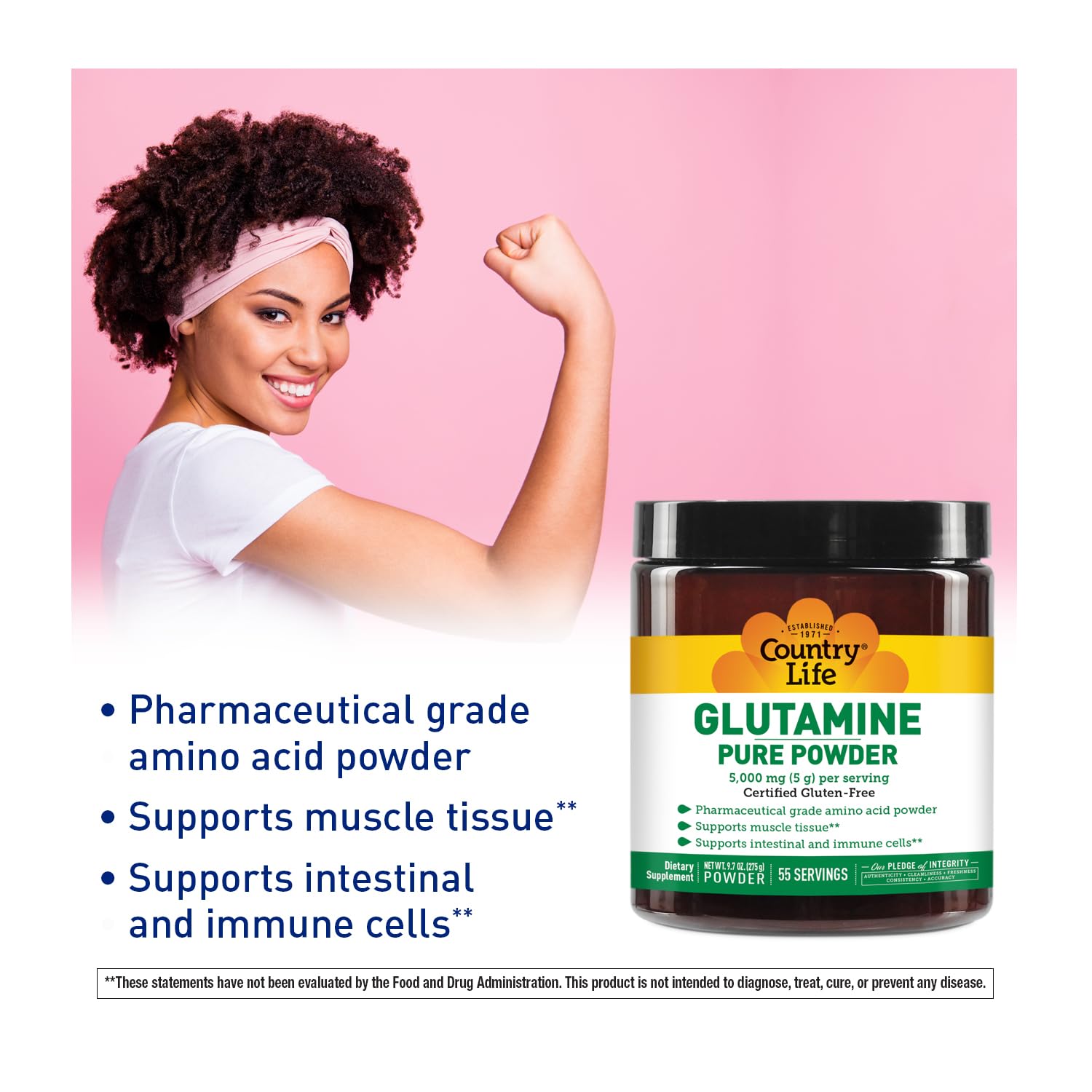 Country Life Glutamine Pure powder scoop beside tub for easy serving after workouts.