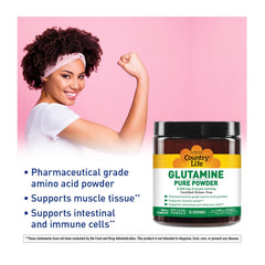 Country Life Glutamine Pure powder scoop beside tub for easy serving after workouts.