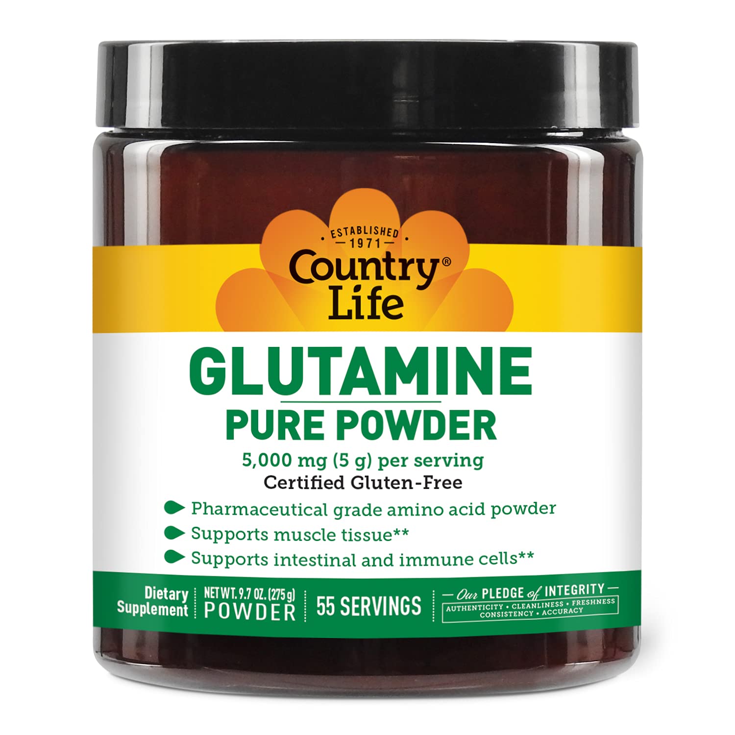 Country Life Glutamine Pure powder tub label showing gluten-free formula for recovery support.
