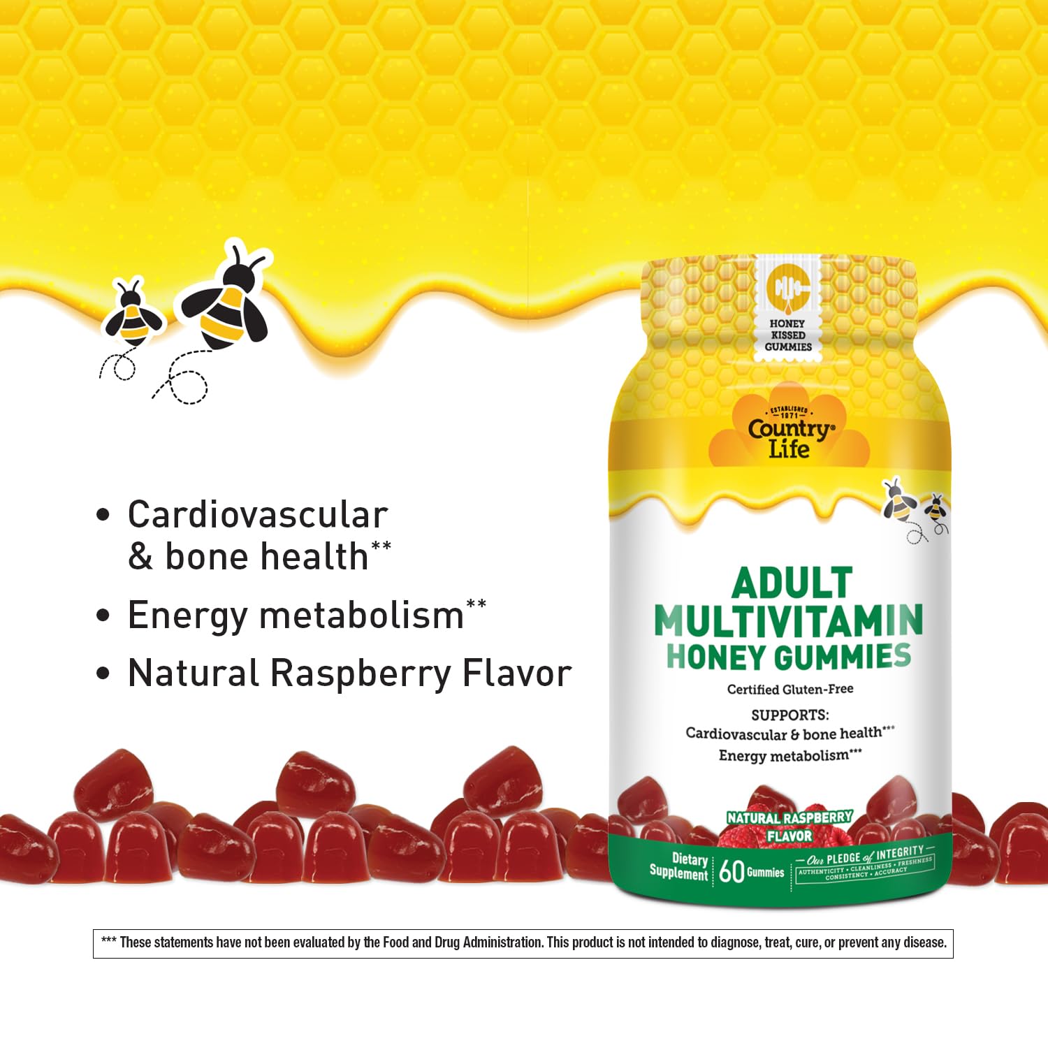 Country Life Honey Gummies in hand illustrating convenient daily wellness bite.