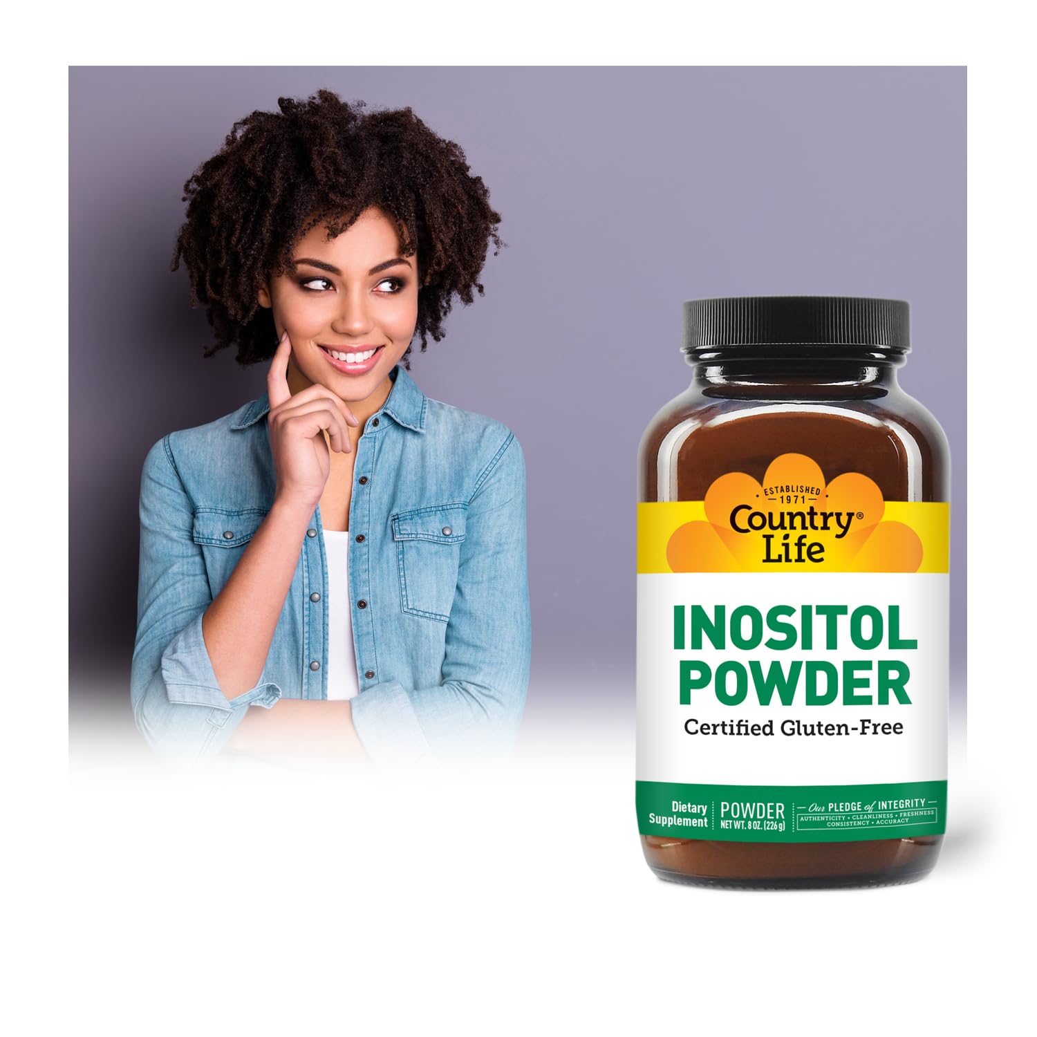 Country Life Inositol Powder measuring scoop enables precise daily use.