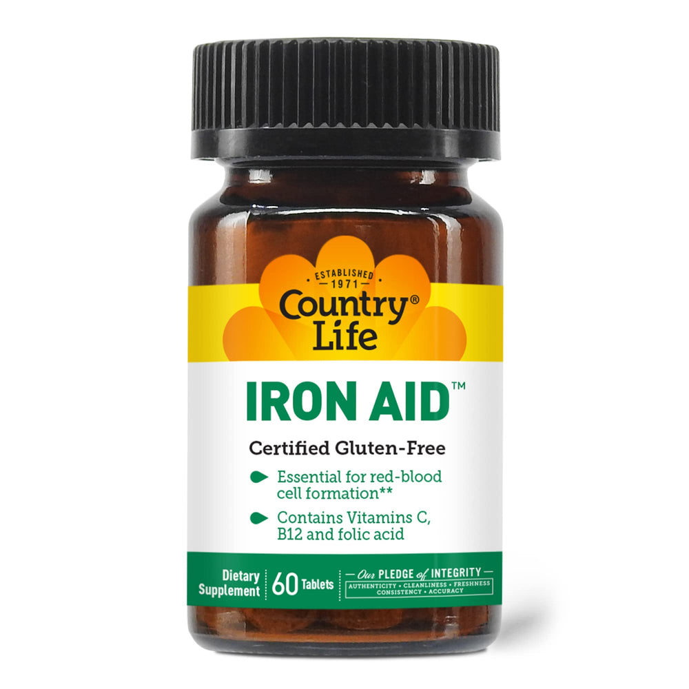 Country Life Iron Aid bottle label close-up showing vitamin C and B-12 benefits.