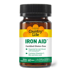 Country Life Iron Aid bottle label close-up showing vitamin C and B-12 benefits.