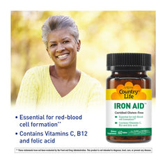 Country Life Iron Aid nutrition label close-up emphasizing iron and vitamins.