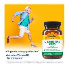 Close-up of Country Life L-Carnitine capsules showing vegan, gluten-free formula.