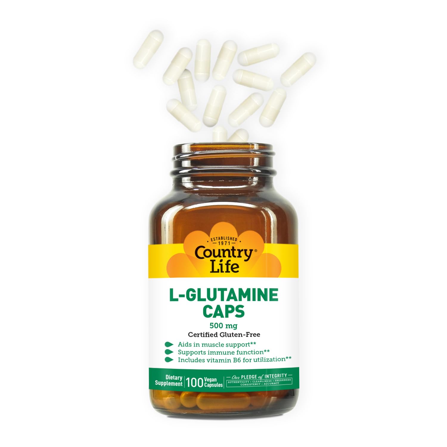 Country Life L-Glutamine product packaging signals a 100 capsules per bottle, pack of two.
