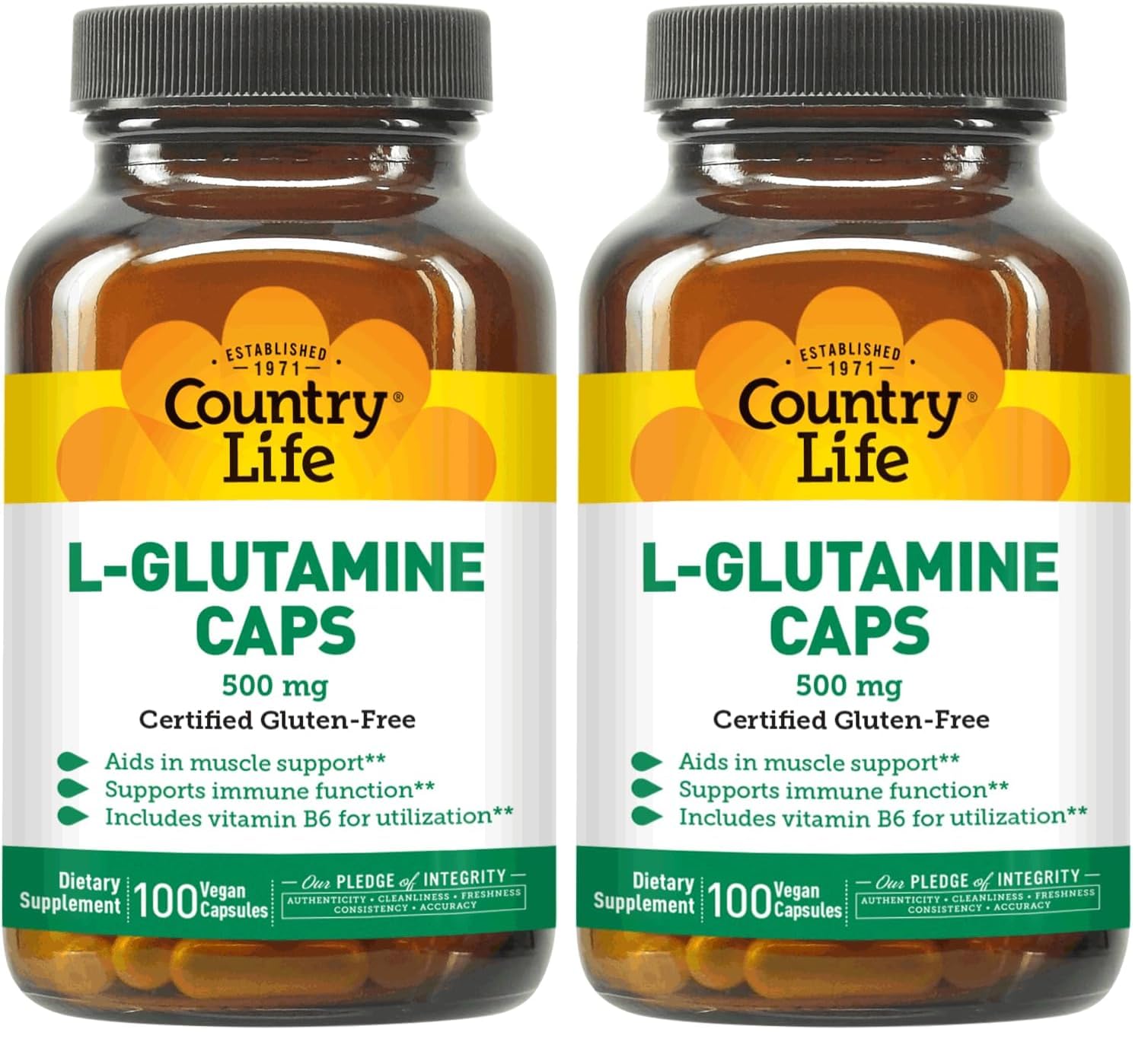 Country Life L-Glutamine bottle side view highlighting easy post-workout use.