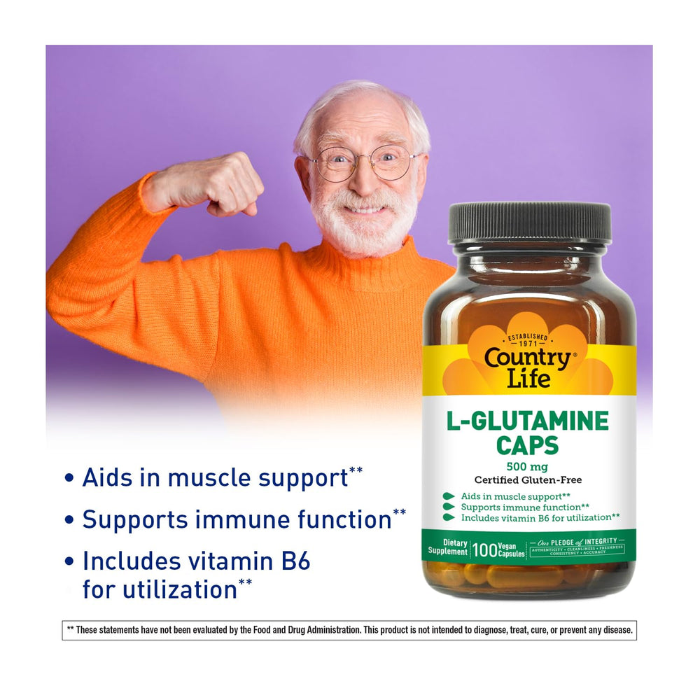 Country Life L-Glutamine capsules close-up showing 500 mg with B6 for absorption.