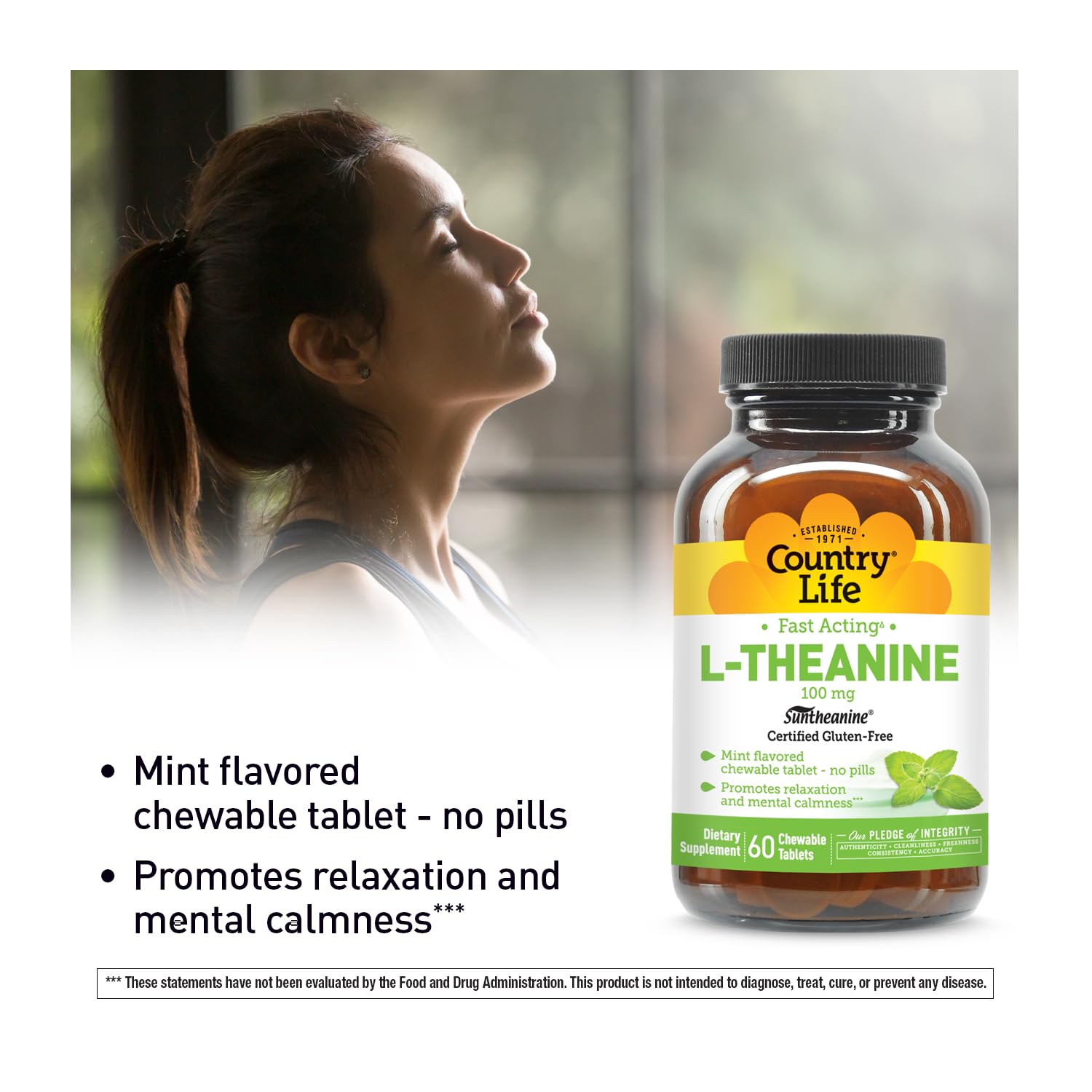 Country Life L-Theanine mint-flavored chewable tablets ready to use
