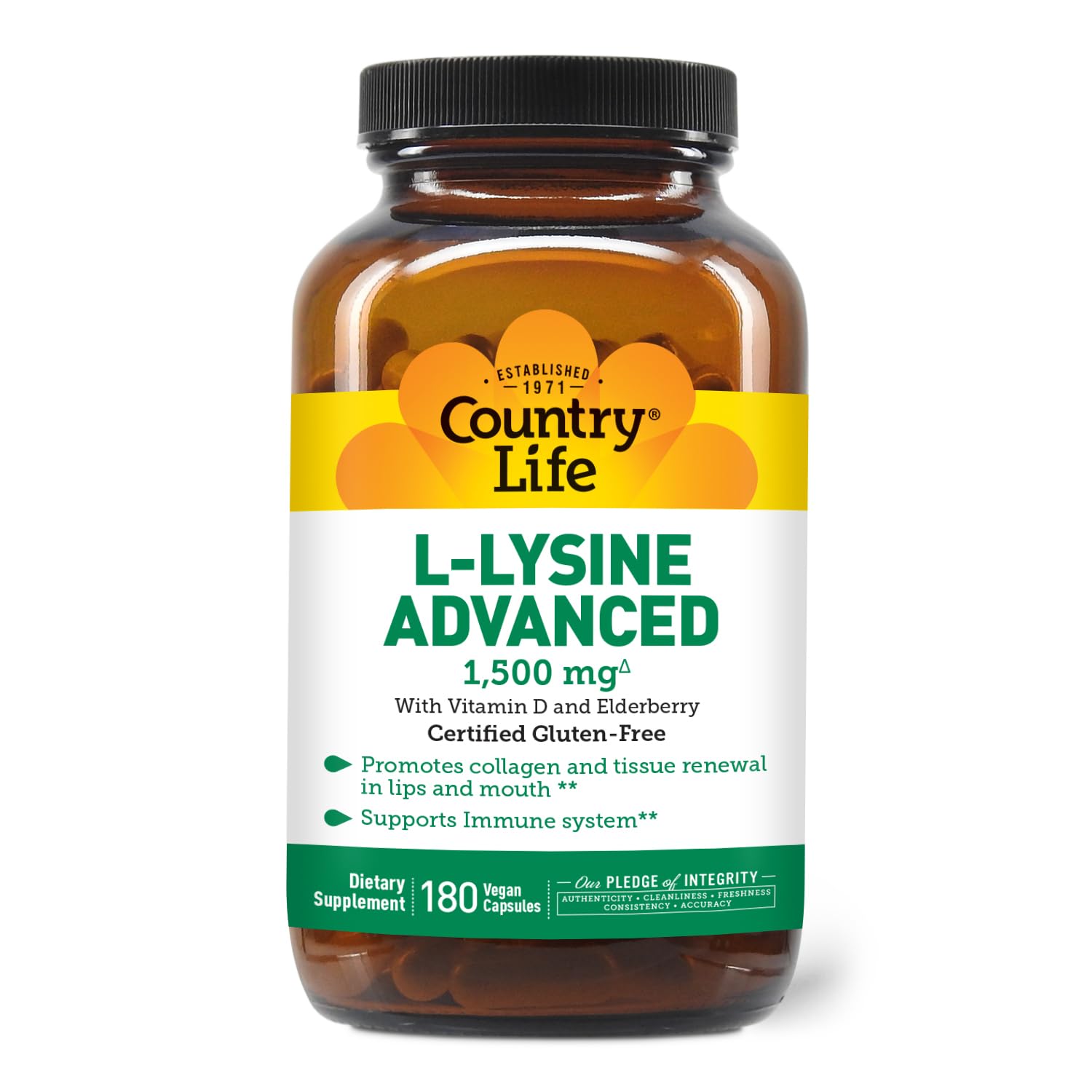 Country Life L-Lysine 1500mg bottle front view for daily immune support.