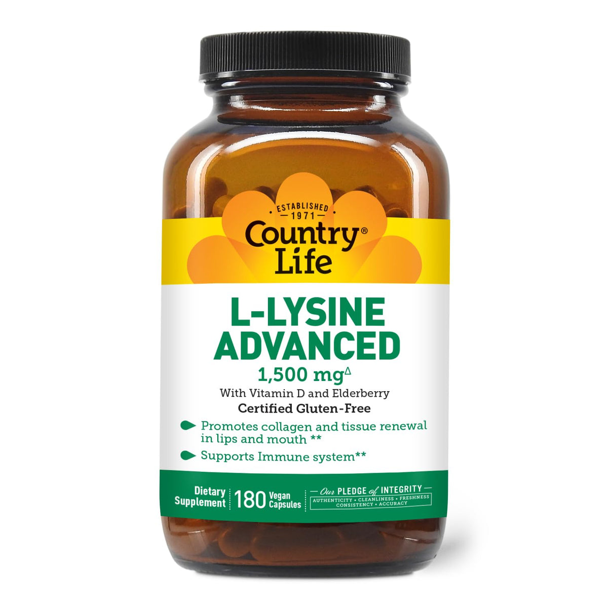 Country Life L-Lysine 1500mg bottle front view for daily immune support.
