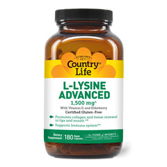 Country Life L-Lysine 1500mg bottle front view for daily immune support.