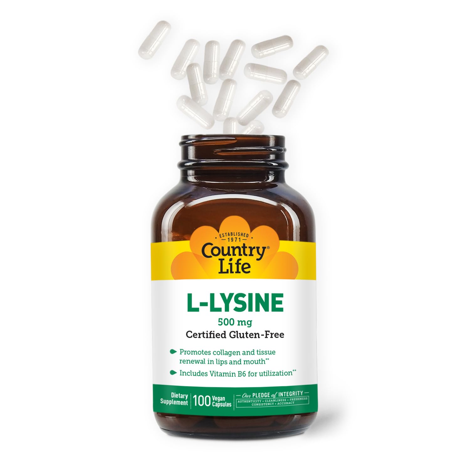 Country Life L-Lysine capsules closeup shows vegan, gluten-free features.
