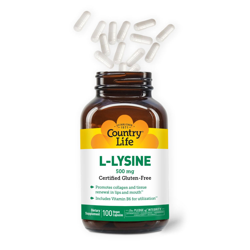 Country Life L-Lysine capsules closeup shows vegan, gluten-free features.