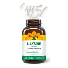 Country Life L-Lysine capsules closeup shows vegan, gluten-free features.
