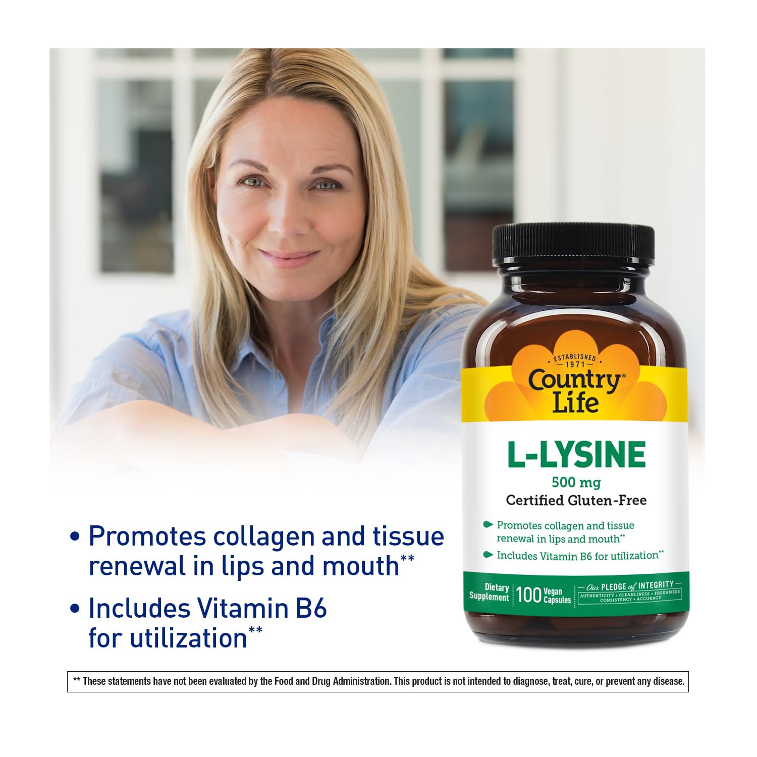 Country Life L-Lysine label highlights vegan and gluten-free status.