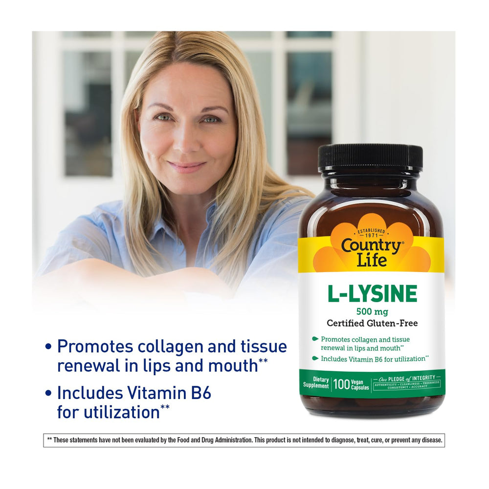 Country Life L-Lysine label highlights vegan and gluten-free status.