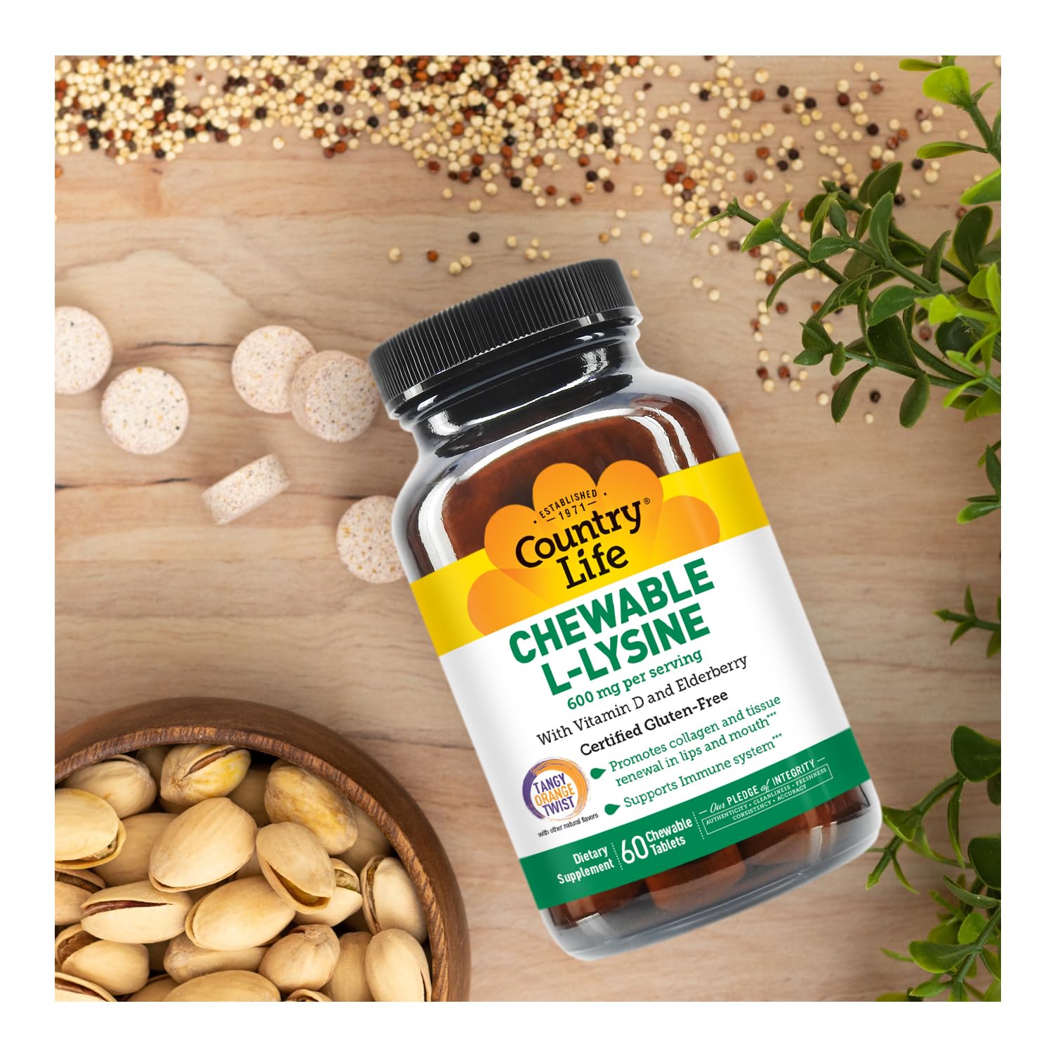 Country Life L-Lysine bottle label with dosage information.