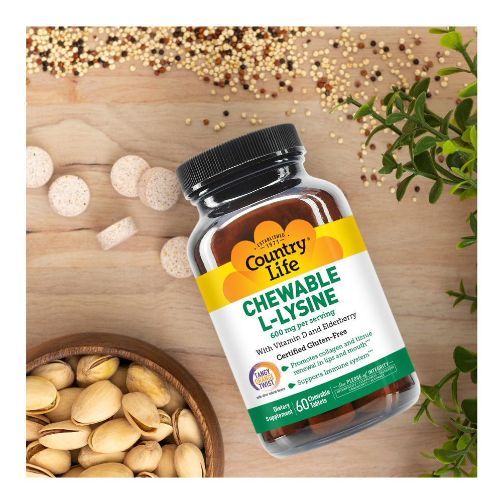 Country Life L-Lysine bottle label with dosage information.