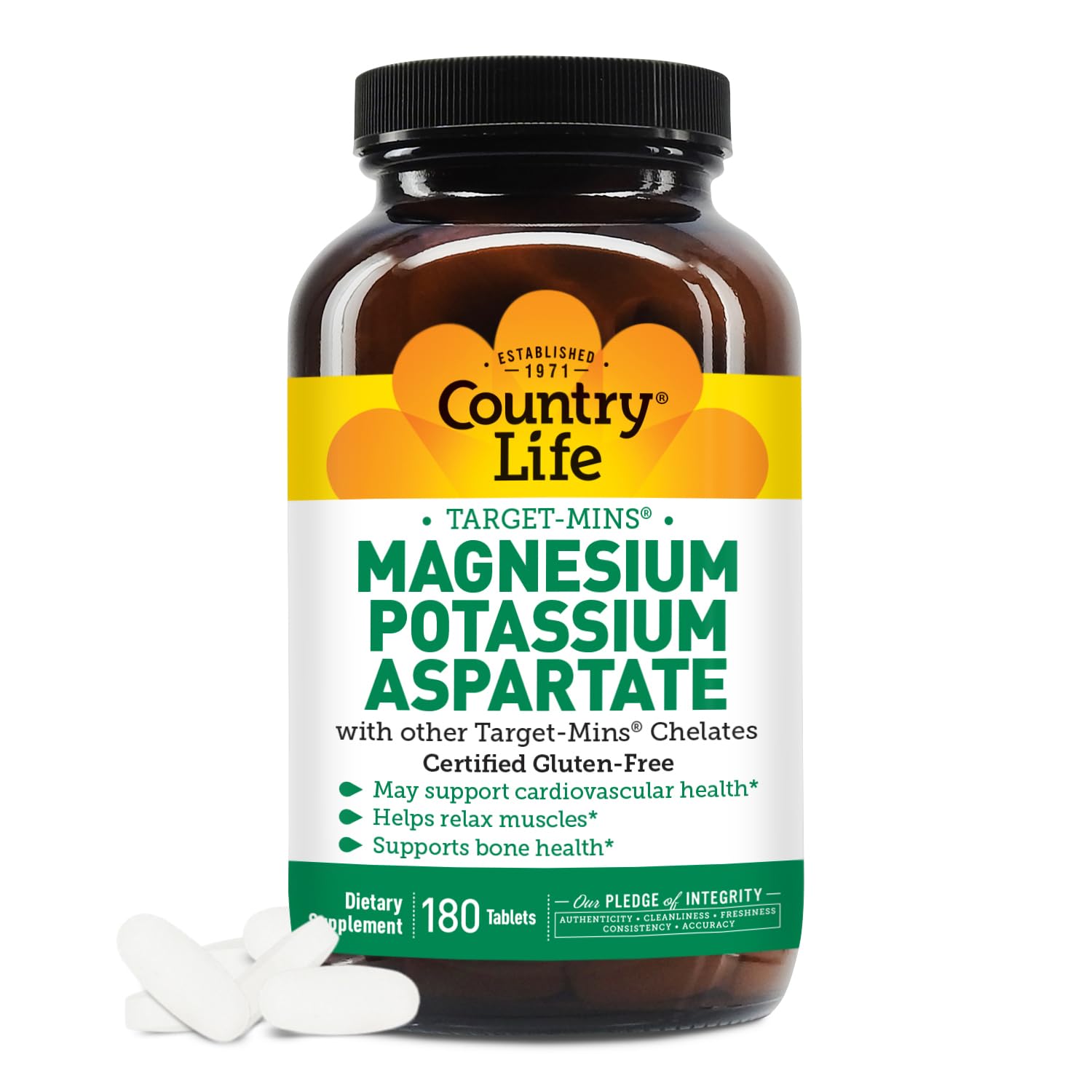 Country Life Magnesium and Potassium bottle; supports heart health.