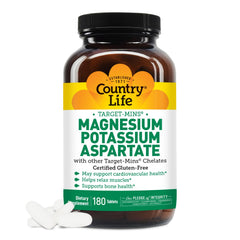 Country Life Magnesium and Potassium bottle; supports heart health.