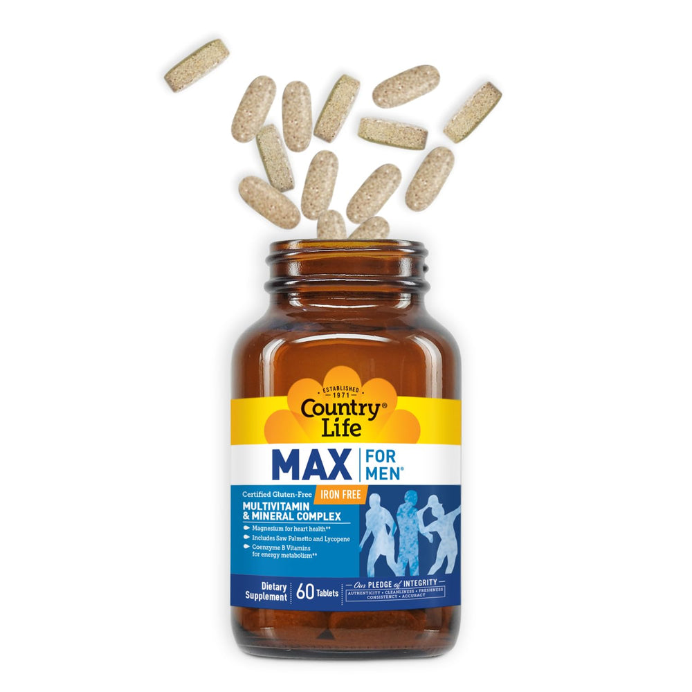 Country Life Max for Men certifications image confirms gluten-free and vegetarian quality