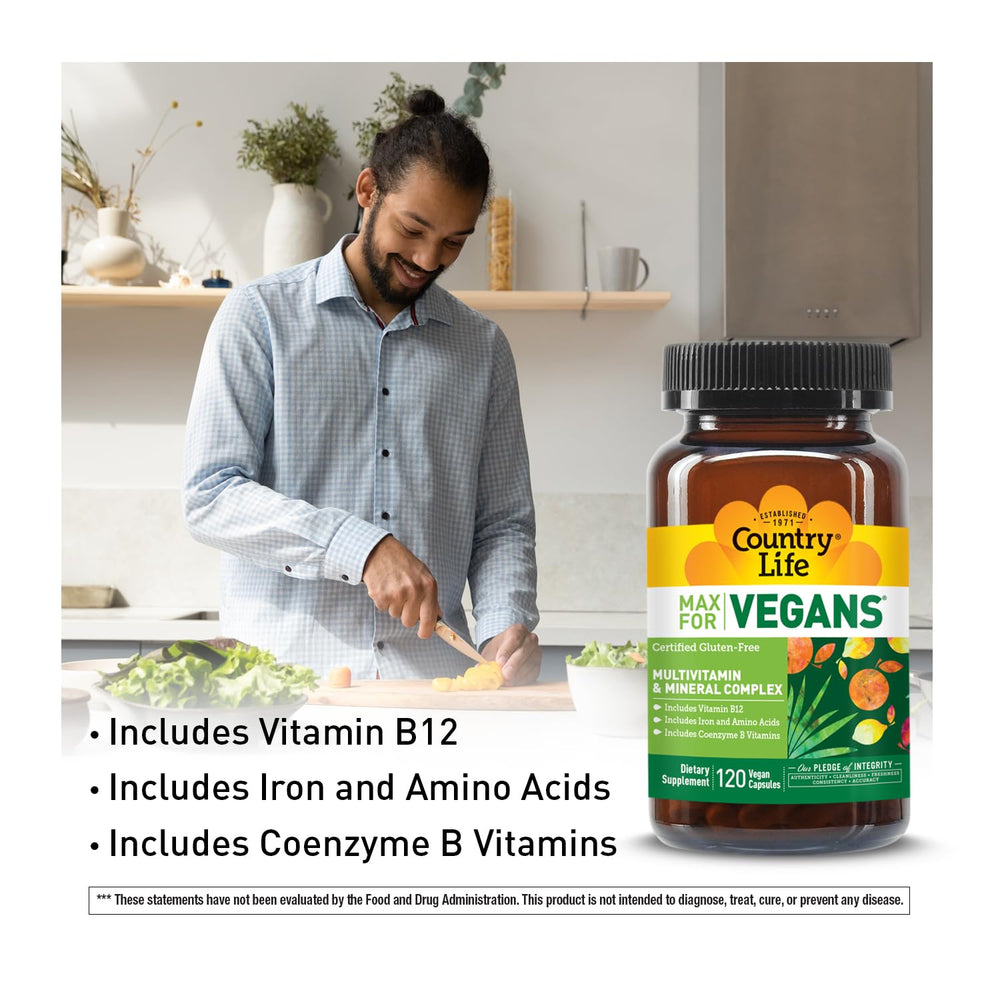 Country Life Max for Vegans ingredient panel with immune-support vitamins.