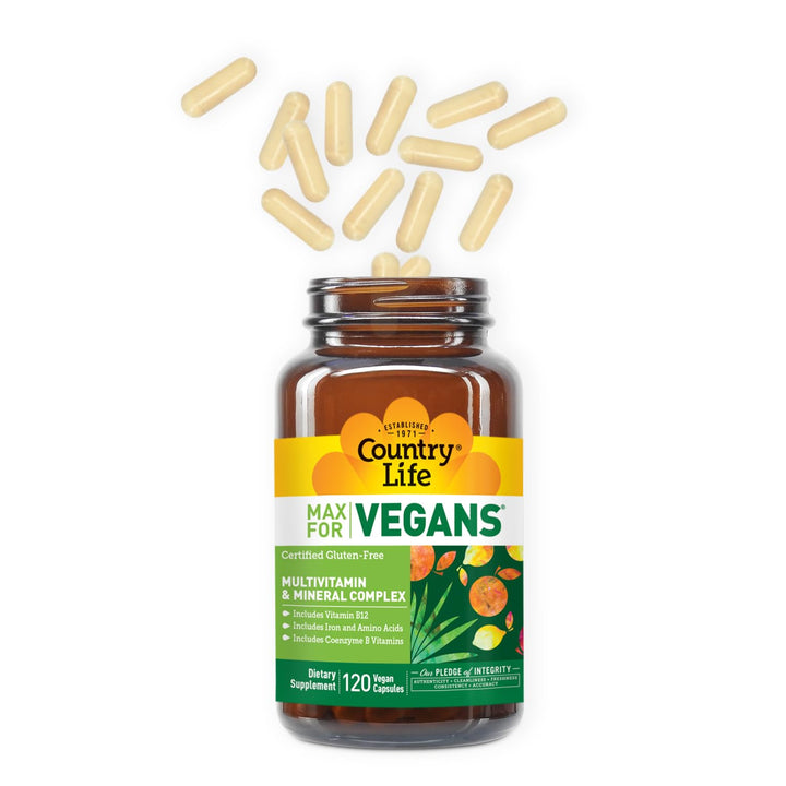 Country Life Max for Vegans tablets closeup showing essential nutrients.