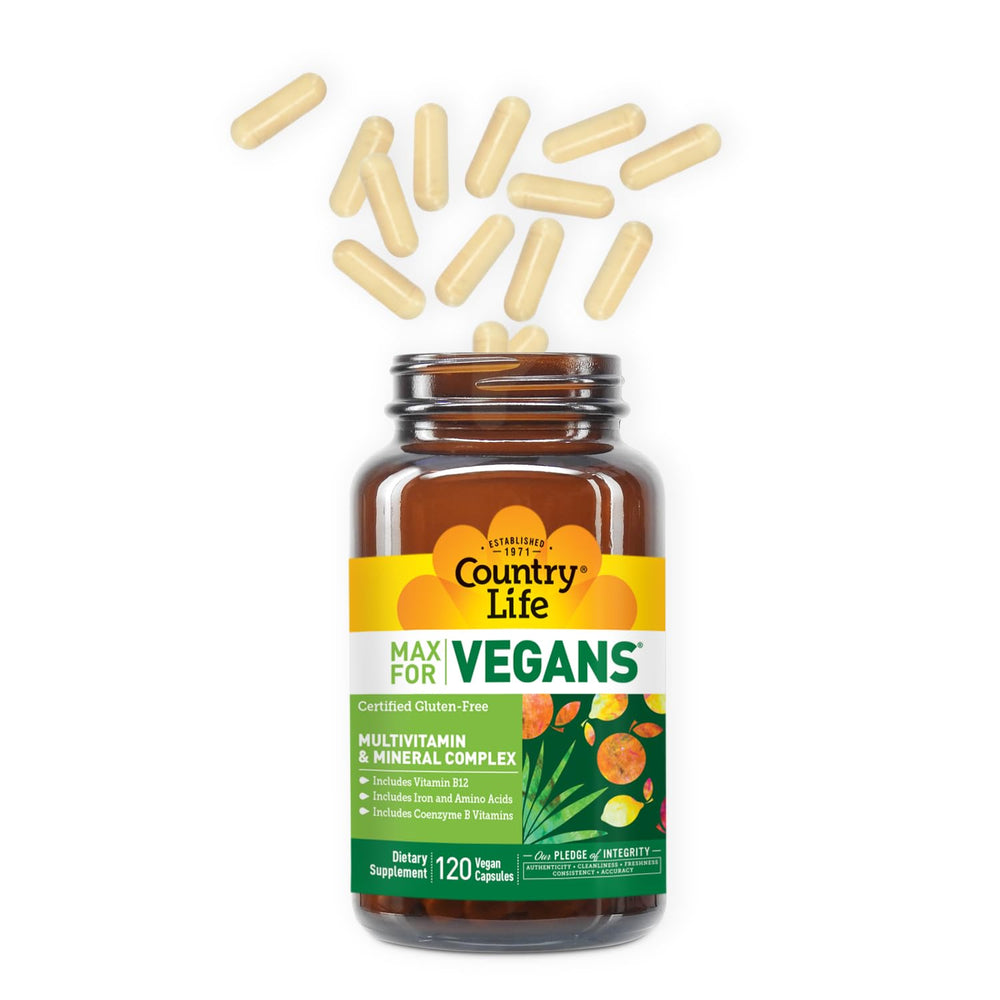 Country Life Max for Vegans tablets closeup showing essential nutrients.