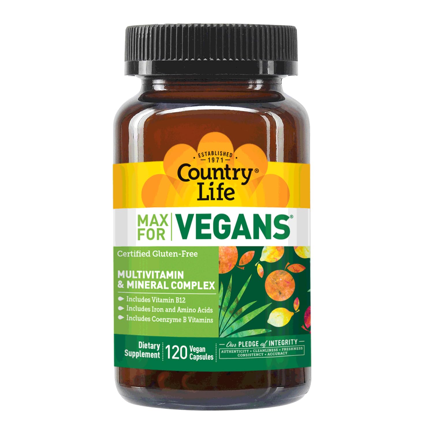 Country Life Max for Vegans vegan certification seal verifies plant-based formulation.